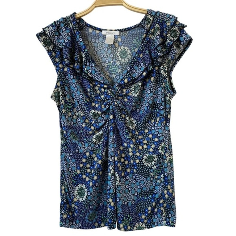 Dressbarn Y2K‎ Fairy Ditsy Floral Blouse Top Women L Blue Cap Sleeve Cottagecore